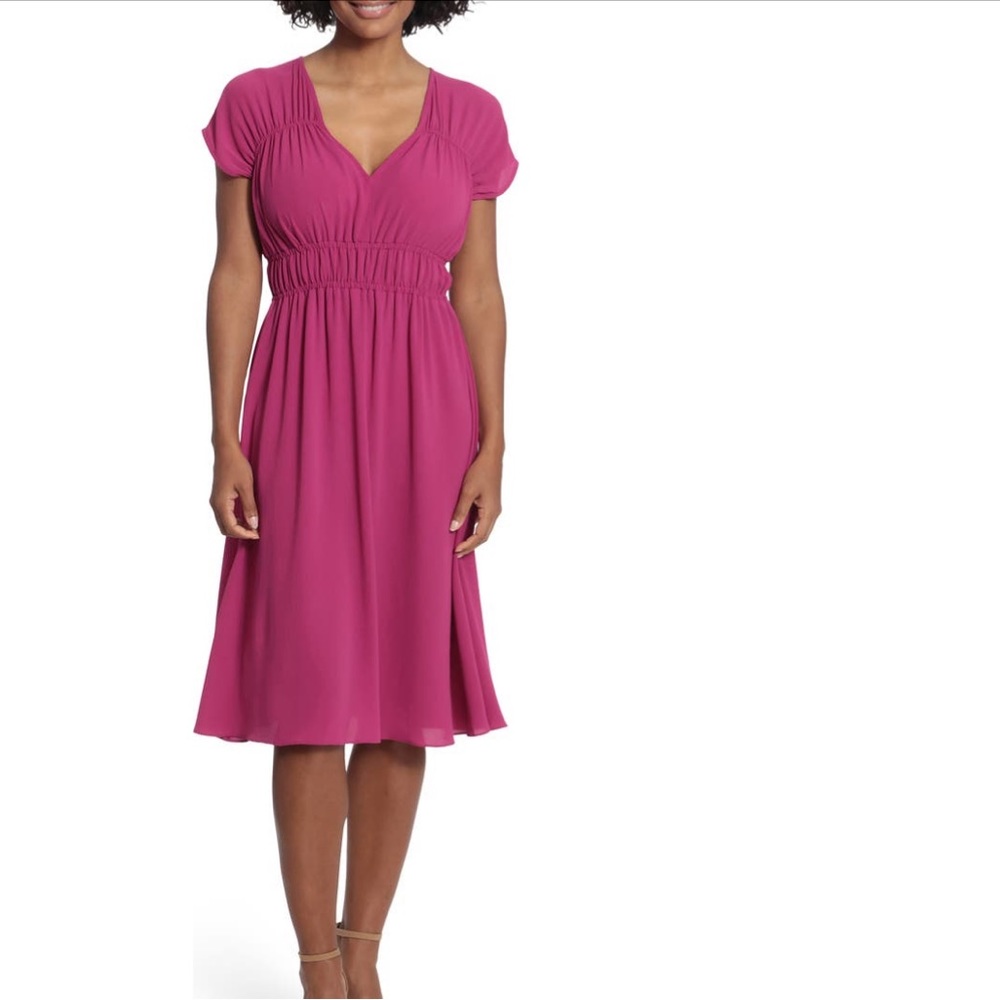 London Times Ruched V-neck Midi Dress